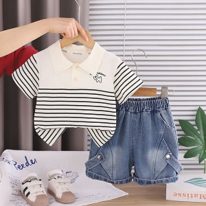 Summer Clothing Sets Fashion Baby Boys Infant Clothes Suits Toddler Infant Kids Striped Cartoon Polo Tshirt+ Denim Shorts Suits