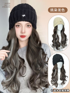 Womens Knitted Hat Integrated Full Head Cover Autumn Winter Fashion Long Curling Hair Yarn Fake Hair Cap Natural Style Change Shape Cover Grey Hair
