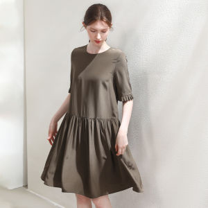 Miccbeirn | Silk Shantung Simple Sweet Lace Trim A-Line Dress Elegant Short Doll Dress Casual Round Neck Mid Sleeve Loose Waist Summer