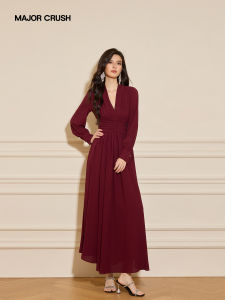 French Vintage Red V-Neck High-Waist Long Dress
