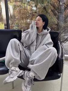 Bộ Đồ Thể Thao Thời Trang Cổ Điển Dành Cho Nữ Bộ Đồ Hai Mảnh Có Mũ Trùm Đầu Lót Lông Cừu Thường Ngày Mùa Thu Đông Rộng Rãi