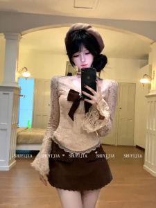 Sweet Butterfly Knot Lace V-neck Slim Fit Womens High Waist Half Skirt Set Fashionable Korean Style Commute Autumn Long Sleeve