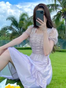 Elegant Gradient Grey Summer Dress Womens Square Collar Princess Skirt Ultra Fairy Tale Heavy Design Sensation Small Audience