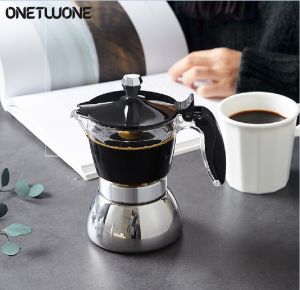 กาต้มน้ำเครื่องชงเอสเพรสโซ่หม้อโมก้า Onetwone กาน้ำชาหม้อโมก้าใสด้านบนและเหล็กกล้าไร้สนิม Moka สำหรับการเหนี่ยวนำและเตาไฟฟ้า