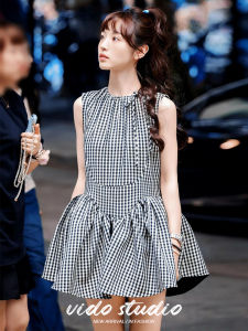Adorable Sleeveless Plaid Dress for Women Summer Slimming Mini Skirt Cute and Elegant Crimped Fabric High Waist Style