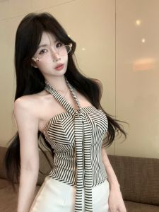 GUZILIAN | Áo ba lỗ hở vai họa tiết sọc cổ điển Mỹ gợi cảm cho nữ mùa hè Áo lót bó sát Áo khoác ngoài thường ngày