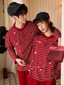 GONGDIE | Soft Lightweight Red Couples Sleepwear Long Sleeves Home Wear Set