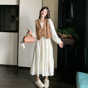Romantic Soft Style Womens Dress Set in Beige Color French Fashion Two-Piece Suit for Autumn Season Casual Loose Fit Long Sleeve