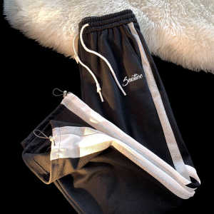 Boys Summer Casual Striped Wide Leg Pants Straight Cut Color Block Sports Trousers for Middle And Large Children