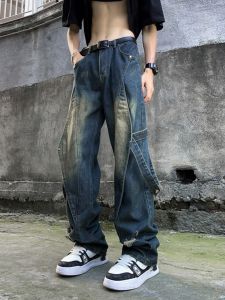Retro Vintage Mens Jeans Loose Straight Leg Trendy Deconstructed Patchwork Wide Leg Workwear Pants High Street Style