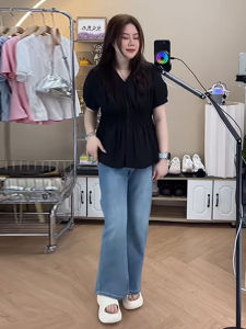 เสื้อเชิ้ตแขนสั้นทรงหลวมเอวเข้ารูปสไตล์เกาหลีสำหรับผู้หญิงไซส์ใหญ่ สไตล์ลำลอง ฤดูร้อน 2025 เสื้อผ้าผู้หญิง