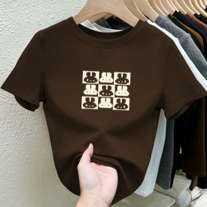 Café Brown Pure ผ้าฝ้าย เสื้อยืดแขนสั้น ผู้หญิง ทันสมัย All-match Youthful พรางหุ่น เสื้อท่อนบน ฤดูใบไม้ผลิ ฤดูใบไม้ร่วง ฤดูหนาว การเจียรไหล่