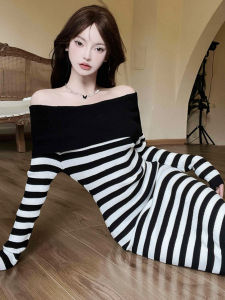 Elegant Knitted One Shoulder Dress Womens Spring Fashion Korean Style Stripe Slimming Long Sleeve Midi Dress Casual Commute