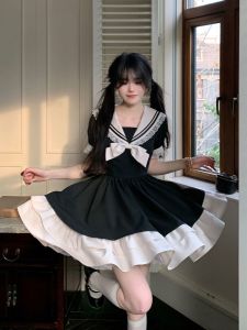 Summer Sweet Bows Sailor Collar Lace Trim Dress Womens Preppy Style French Waist Slim Looking Little Black Dress