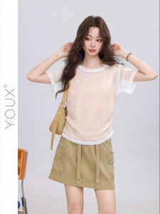 YOUXIANG | Áo Thun Tay Ngắn Phong Cách Hai Mảnh Voan Hồng
