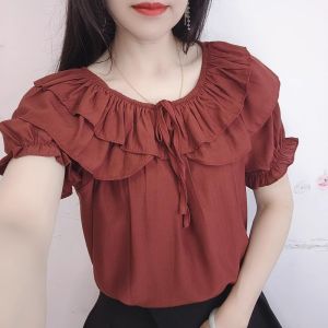 Fashion Elegant Ruffle off-the-Shoulder Chiffon Shirt Womens Summer New Arrival Loose Slimming Youthful-Looking Flower Short Sleeve T-Shirt