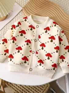 Autumn Winter Kids Knitted Jacket Boys Girls Fleece Lined Outerwear Warm Cardigan Versatile Polyester Fiber round Neck Button up