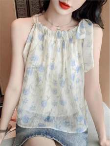 เสื้อเชิ้ตผ้าชีฟองลายดอกไม้สุดเก๋ไก๋สำหรับผู้หญิง เสื้อแขนกุดคอวี ป้องกันแสงแดด สไตล์ฝรั่งเศส หวานๆ สง่างาม เสื้อผ้ากันแดดสำหรับฤดูร้อน