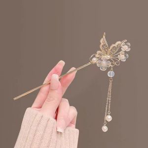 Elegant Cat Eye Hairpin Traditional Chinese Style Womens Hair Accessories Butterfly Love Flower Flowing Tassel Hanfu Bun Hairpin