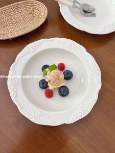 LeBear Large Beauty Ladle Retro Relief Flower Soup Plate Ceramic Pure White Dessert Deep Dish Pasta Salad Plate Dining Set