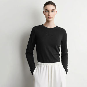 AMII | Round Neck Letter Embroidery Sequin Beads Stretch Modal T Shirt Long Sleeve