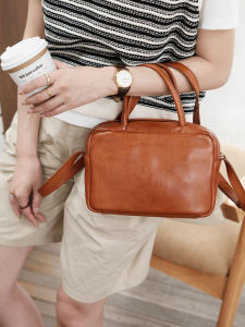 Retro Vegetable Tanned Cowhide Small Square Bag by Allium Soft Leather Crossbody Satchel for Daily Use with Belt Decoration