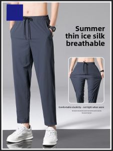 ROMON | Lormen Mens Casual Pants Summer Thin Ice Silk Breathable Loose Straight Tube Harem Sports Elastic Nine-point Pants
