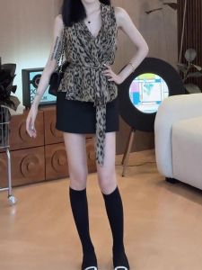 YUEZHONGWEI | French V-neck Leopard Print Tank Top Women Summer Outdoor Design Sensation Beach Vacation Waist Cinch Tie Sleeveless Shirt