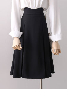 Black A-Line Midi Skirt for Women Commute Professional High Waist Drapey Style Spring Autumn New Arrival Versatile Skirt