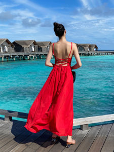 Travel Road Super Fairy Backless Beach Skirt Women's Summer Seaside Strap Dress Hainan Sanya Red Chiffon Dress