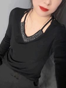 Elegant Hollow out V-Neck Long Sleeve T-Shirt Womens Slim Fit Elastic Black Top Fashionable Casual Tee for Ladies