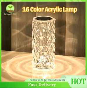 Rose Crystaol Glass Night Lamp Control Desk Lamp 16 Colors RGB Touch Charging Light Acrylic Bedside Light