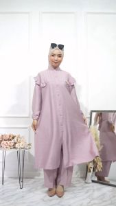 SETELAN TUNIK POLO LINEN PREMIUM TERBARU ONE SET CANTIK WANITA DEWASA BAJU LEBARAN KEKINIAN