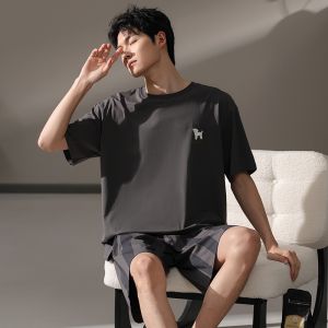MiiOW | Mens Summer Sleepwear Set Pure Cotton Breathable Soft Comfortable Casual Home Clothes Short Sleeve Round Neck Short Pants