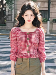 Áo Sơ Mi Kẻ Caro Màu Đỏ Tay Lửng Mùa Xuân Cho Nữ Dáng Ôm Vừa Vặn Cổ Vuông Dài Thường Ngày Chất Liệu Cotton Pha Trộn