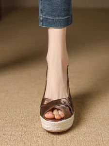 Summer 2024 Roman Fish Mouth Thick Heel Sandals Womens Fashion Waterproof Platform Genuine Leather Shoes Low Cut Ankle Strap