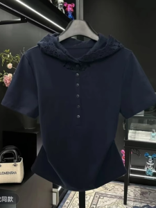 Pure Cotton Heavy Embellished Lace Trim Hooded Short Sleeve T-Shirt plus Size Womens Summer New Design Sensation Top