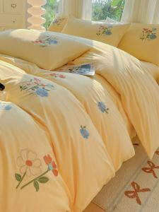 Floral Embroidery Cotton Bedding Set Yellow 1.8m