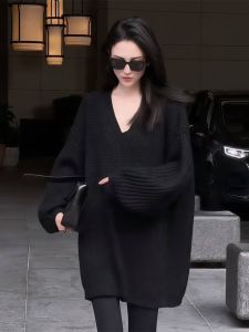 Black V-Neck Mid-Length Sweater Womens Style Cover Butt Fashionable with Shark Pants Commute Loose Fit Long Sleeve Winter