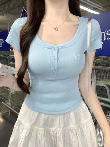 Áo Thun Cotton Màu Xanh Lam Thêu Tinh Tế Cho Nữ Mùa Hè Cỡ Nhỏ Ngọt Ngào Thanh Lịch Phong Cách Đường Phố Cổ Vuông Tay Ngắn