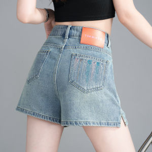 Quần Short Denim Mỏng Cạp Cao Thêu Mùa Hè Cho Nữ Quần Ống Rộng Chữ a Cạp Cao Dáng Rộng Mỏng Màu Nhẹ Quần Áo Làm Việc