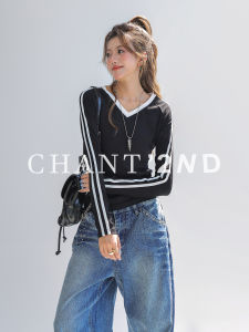CHANT2nd | V-Neck Early Autumn Single Wear Short Body Slim Colorblock Long Sleeve T-shirt