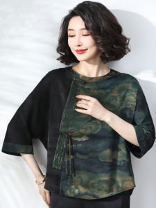 Elegant Chinese Style Summer T-Shirt for Mom Fashionable Midi Sleeve Silk Womens Spring Summer Loose Fit round Neck Top