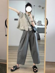 Japanese Style Short Sleeve Shirt Top Matching Yamamoto Blouse and Pants Womens Summer Plus Size Loose Slim Looking Loose Pants Two-piece Set