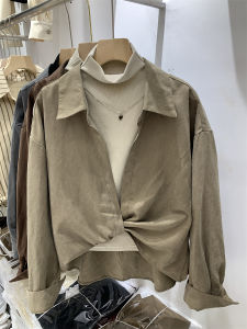 Cross Design Long Sleeve Collared Elastic Cotton Vest Two-Piece Set Korean Style Commute Fashion Autumn Collection Shirt