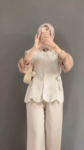 MelodyOutfit - 4in1 One Set Korean Style | Hijab Vest Kemeja Celana | One Set Hijab OOTD Kekinian Set AA416