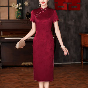 ชุดราตรีผ้าอะซิเตทสุดหรูสำหรับคุณแม่ของเจ้าสาว ชุดราตรีผ้าซาตินทรงเข้ารูป กระโปรงทรงเอ แขนยาว ปกติ คอตั้ง ช่วงไหล่