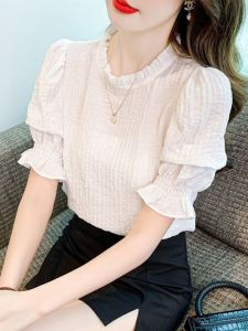 เสื้อเชิ้ตผ้าชีฟองแขนสั้นสไตล์ฝรั่งเศสสำหรับผู้หญิง ทรงเข้ารูป ดีไซน์เก๋ไก๋ ปกโปโล สีพื้น ฤดูร้อน 2024