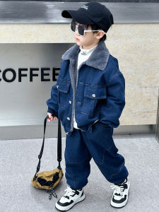 Boys Denim Fleece Lined Collared Set Warm Stylish Autumn Winter Two Piece Suit Casual Sportswear for Teenage Boys