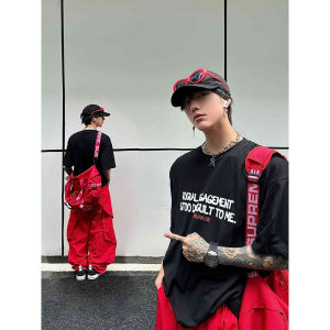 American Style Red Work Pants Men Summer Dopaamine Colorful Straight Tube Parachute Pants Casual Loose Fit Teenagers Fashion